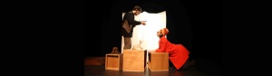Kathy Morvan clown et Cyrille Nitkowski, marionnettiste dans "Y a pas de noyau dans le chocolat" - création 2014 de la Cie File en Scène